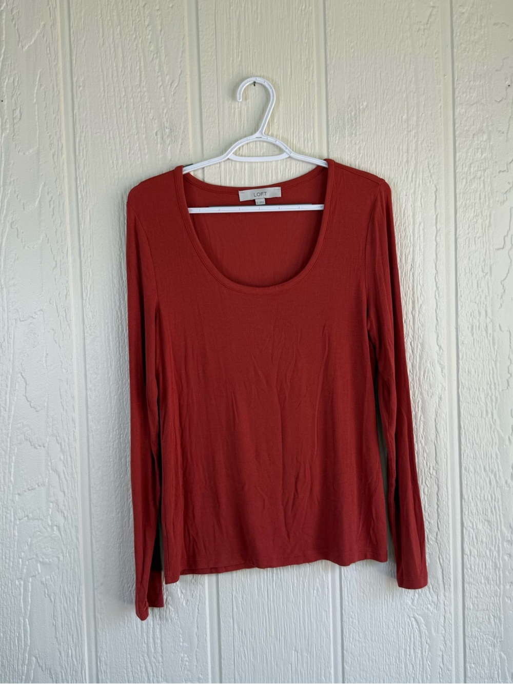 LOFT Long Sleeve Scoop Neck Top in Rust Red